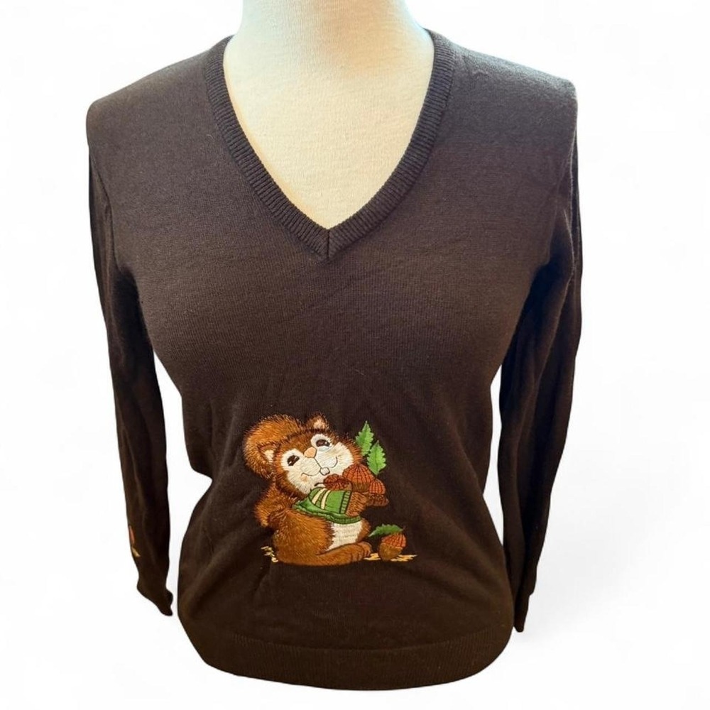 Vintage Ades Of California Brown Squirrel Embroidered Knit Sweatshirts Women's S